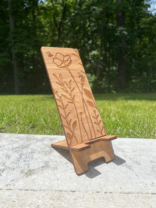 Wildflower and Bees Wood Phone Stand