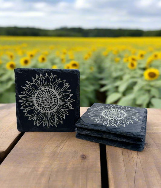 Elegant Slate Coasters with Laser-Engraved Sunflower – Set of 4