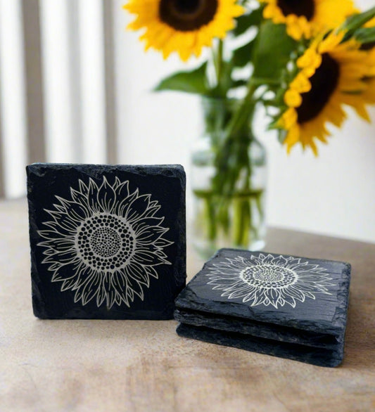 Elegant Slate Coasters with Laser-Engraved Sunflower – Set of 4