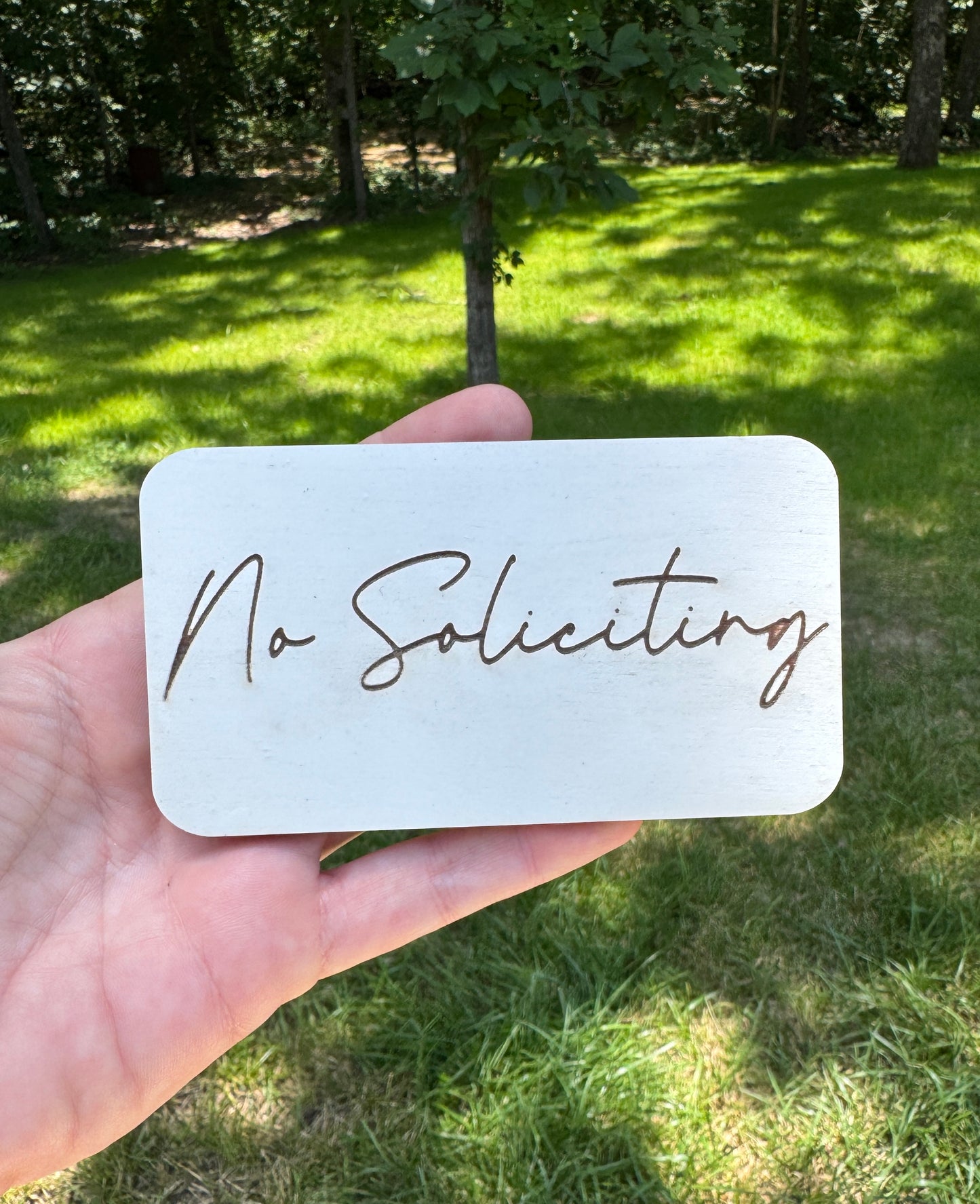 Small White Wooden "No Soliciting" Sign – 4.5" x 2.75" Outdoor Engraved Plaque