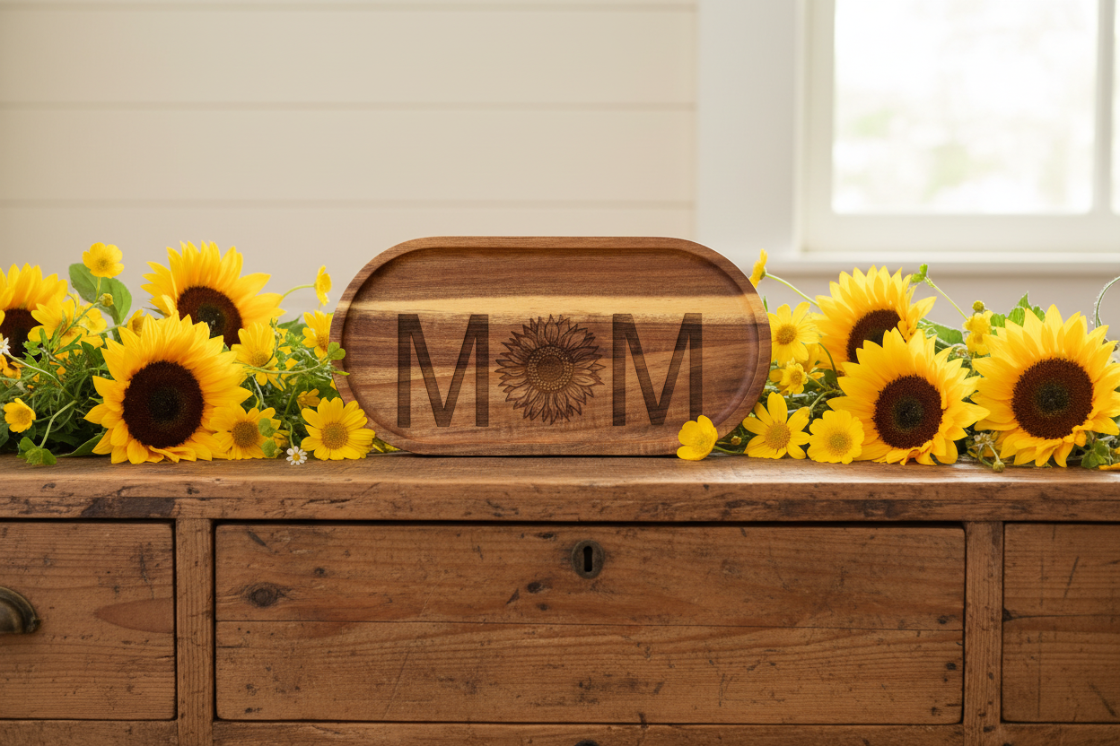 Mom with Sunflower - Engraved Acacia Wood Oval Tray