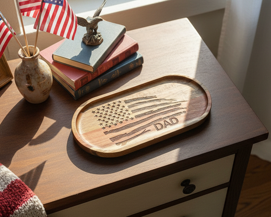 Dad with Flag - Engraved Acacia Wood Oval Tray