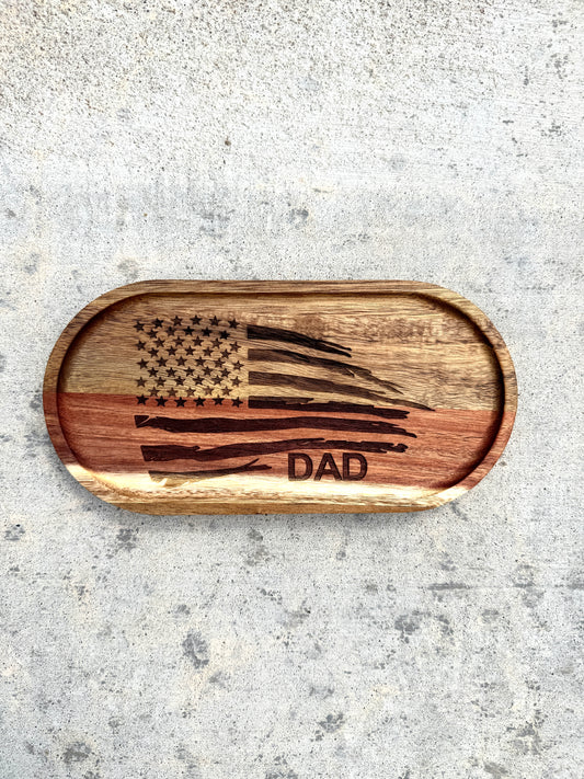 Dad with Flag - Engraved Acacia Wood Oval Tray