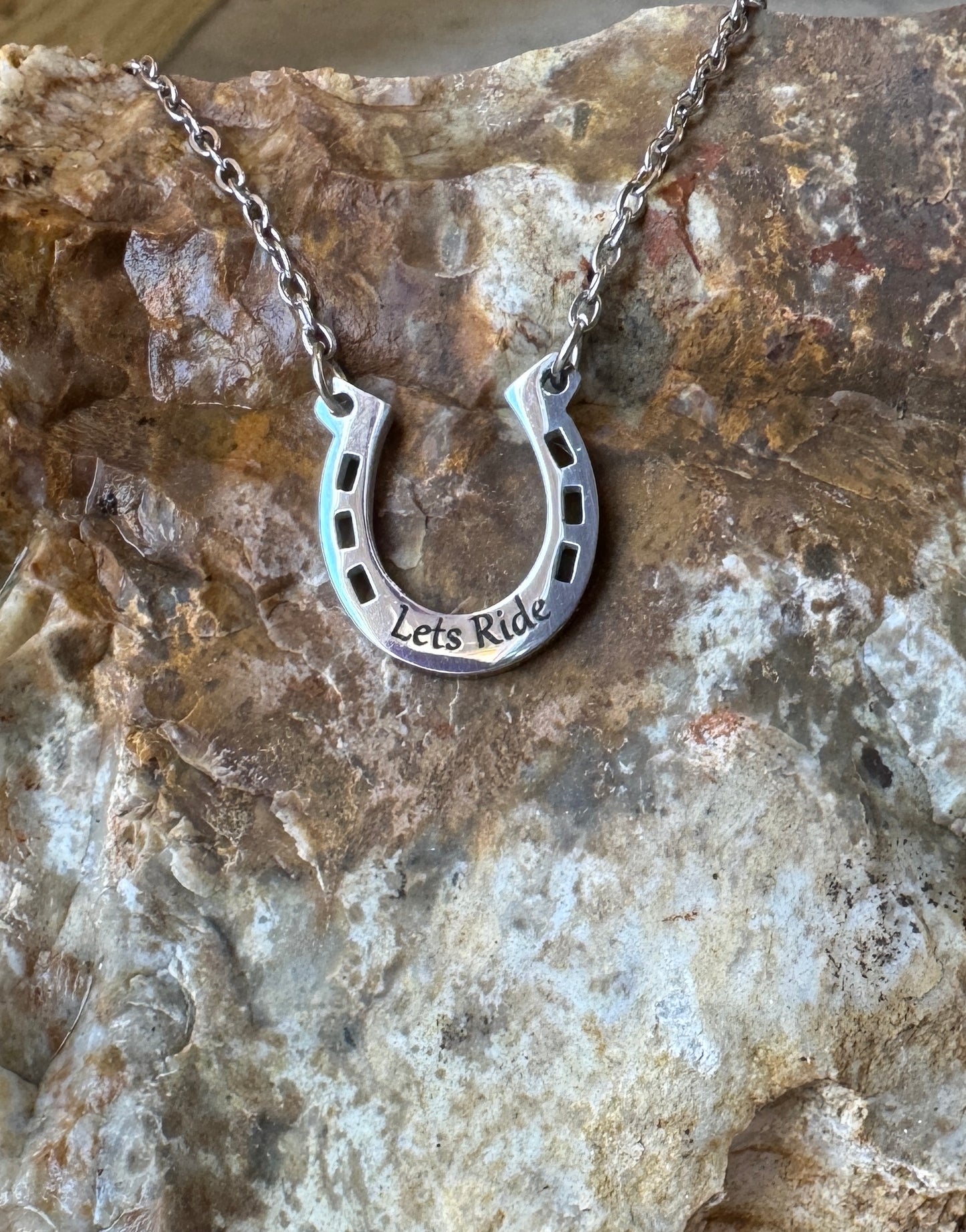 Engraved Horseshoe Necklace – Stainless Steel Pendant, Silver or Gold, Everyday Jewelry