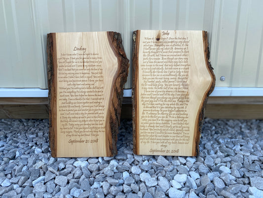 Live Edge Wood Engraved Wedding Vows