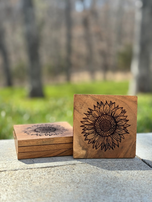 Sunflower Wood Engraved Coasters