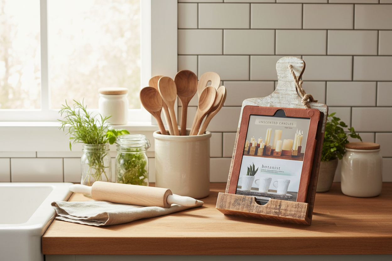 Distressed White and Brown Wood Tablet Holder