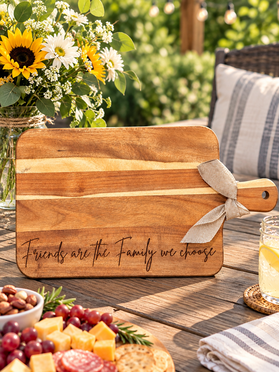 Acacia Wood Charcuterie Board – “Friends Are the Family We Choose”