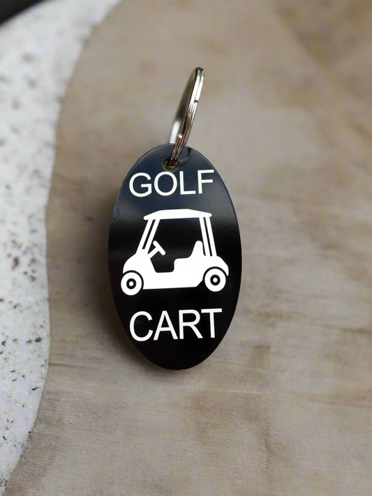 Laser Engraved Golf Cart Keychain – Durable Black Aluminum Tag