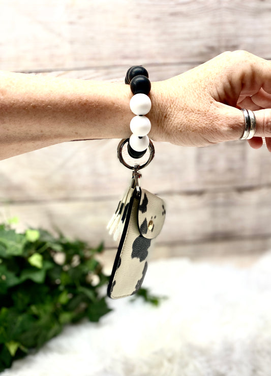 Cow Print Card Holder With Beaded Tassel Wristlet Keychain