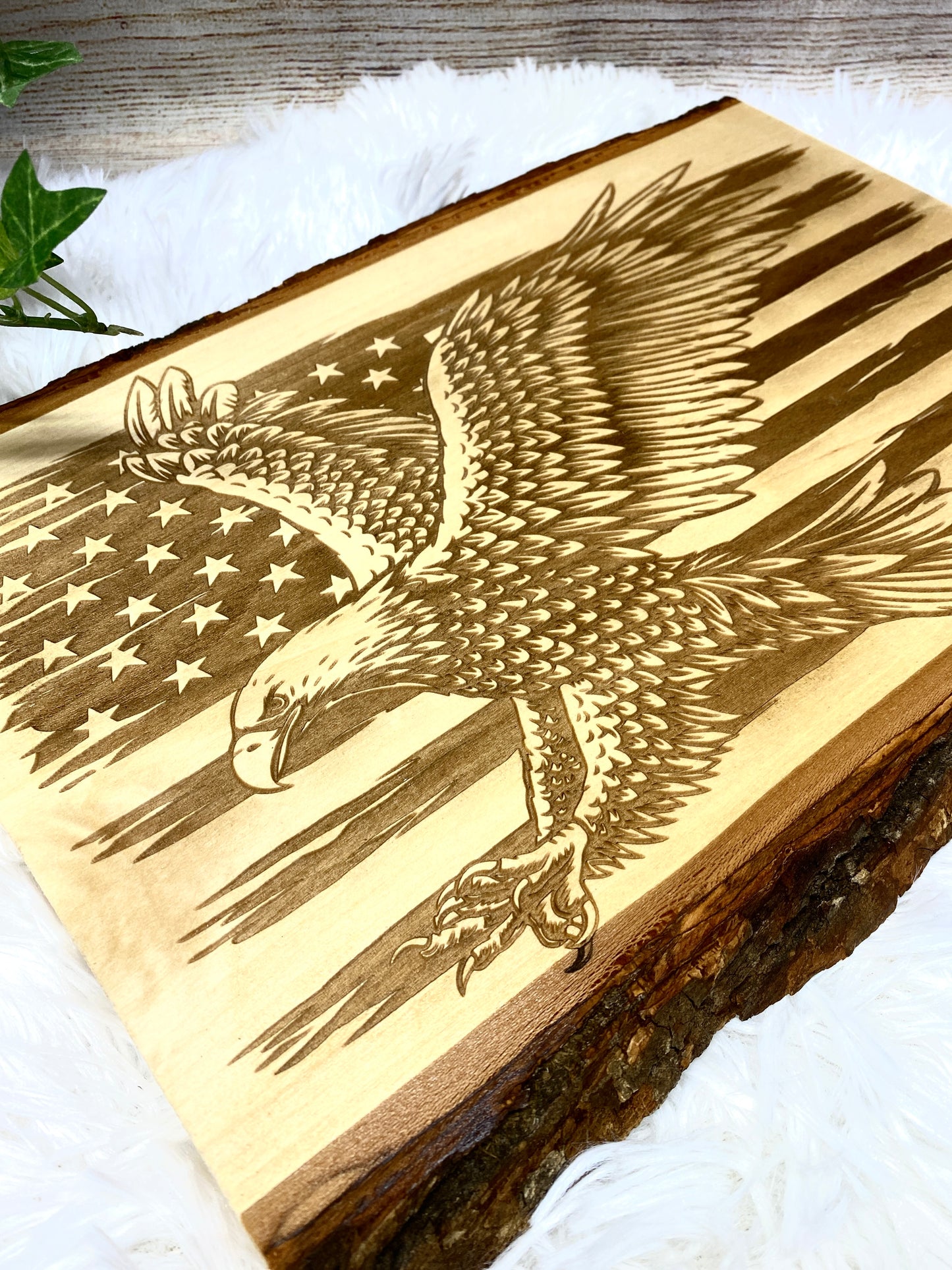 Eagle with Flag Live Edge Wood Plaque