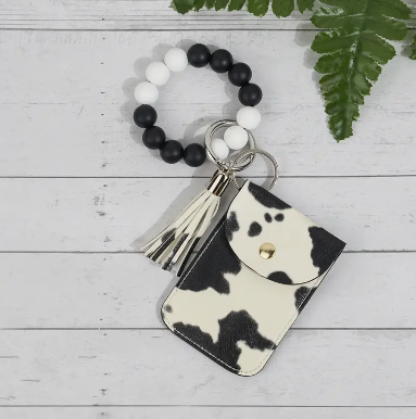 Cow Print Card Holder With Beaded Tassel Wristlet Keychain