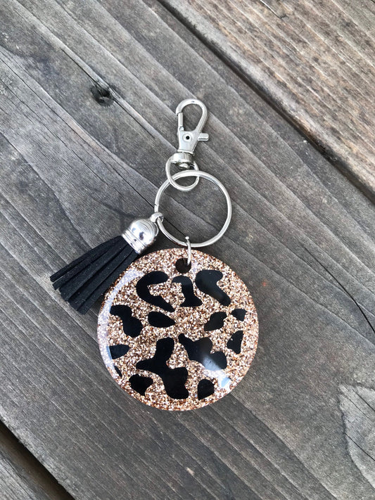 Cheetah Keychain with Tassel, Gold Glitter Cheetah Keychain, Cheetah Resin Keychain with Tassel, Round Cheetah Keychain with Tassel