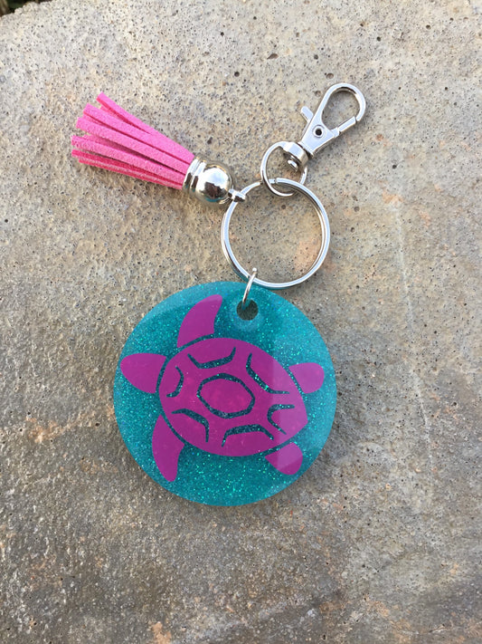 Sea Turtle Key Chain with Tassel, Turtle Lover Keychain, Aqua Turtle Keychain with Tassel, Round Sea Turtle Keychain with Tassel