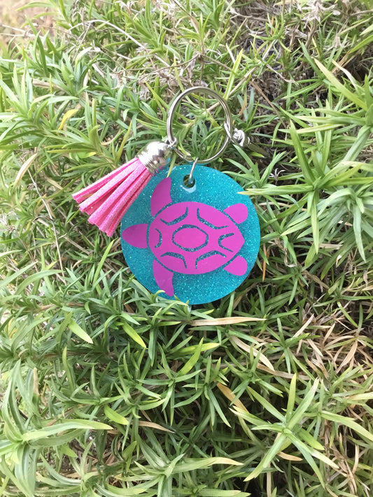 Sea Turtle Key Chain with Tassel, Turtle Lover Keychain, Aqua Turtle Keychain with Tassel, Round Sea Turtle Keychain with Tassel