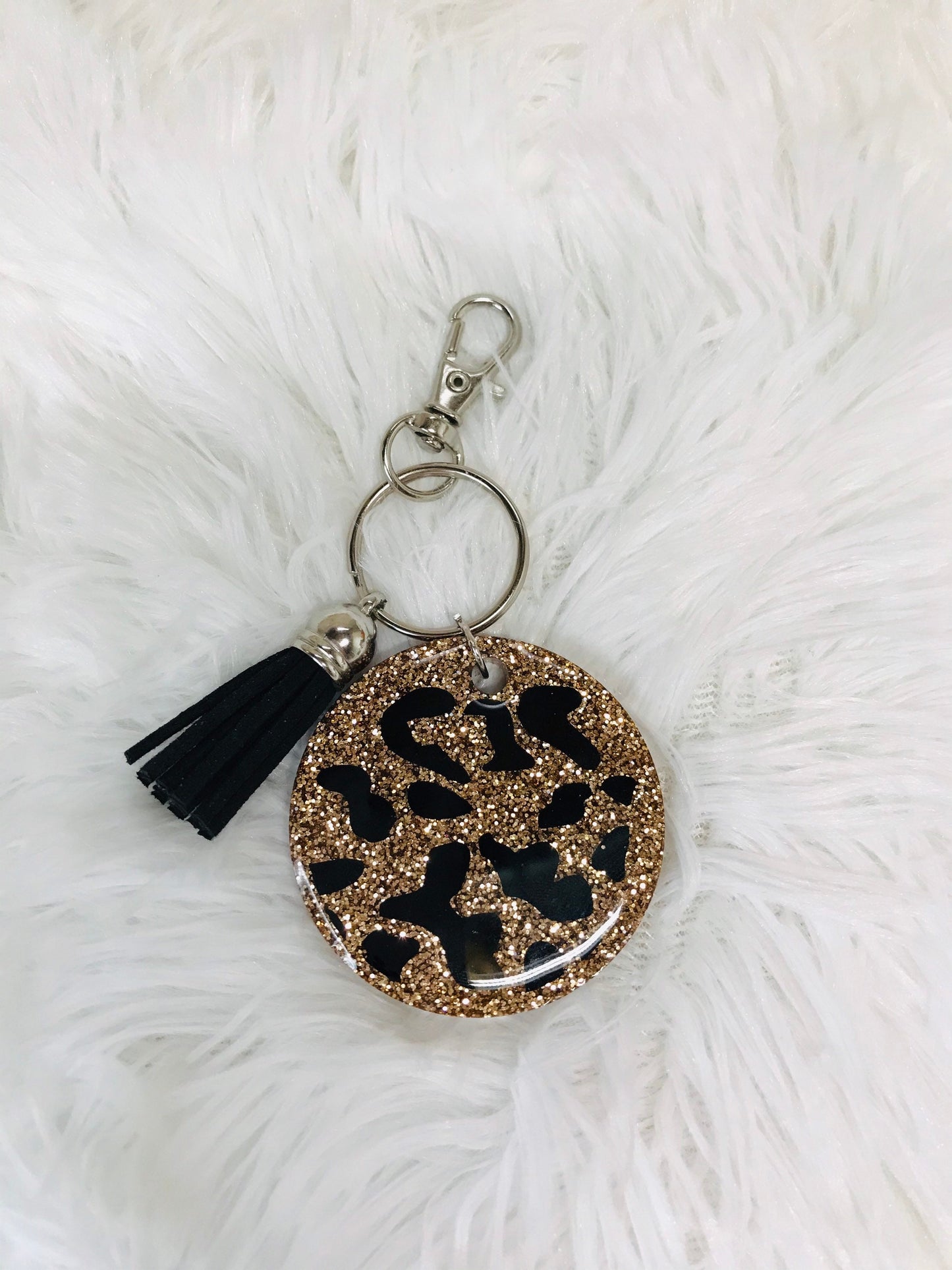 Cheetah Keychain with Tassel, Gold Glitter Cheetah Keychain, Cheetah Resin Keychain with Tassel, Round Cheetah Keychain with Tassel