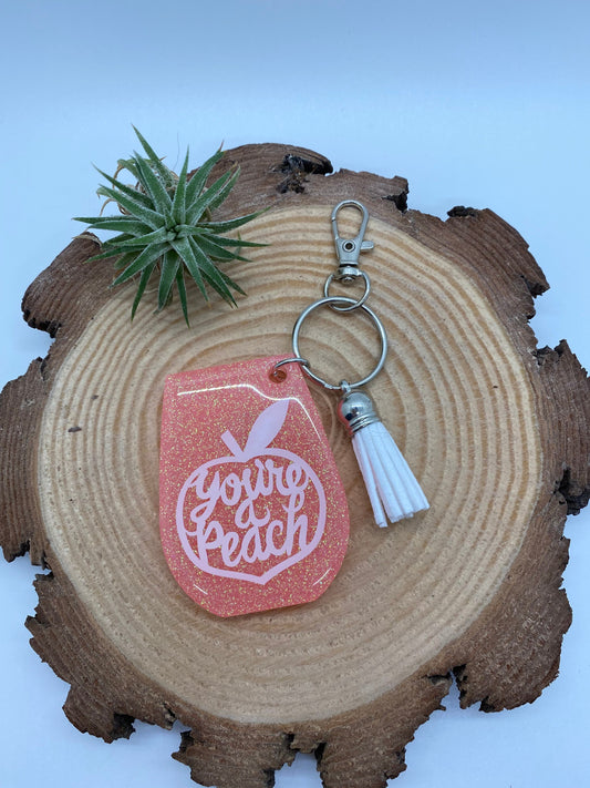 You’re a Peach Glitter Wine Keychain, Peach Keychain, Peach Wine Glitter Resin Keychain with Tassel, Wine Glass Keychain with Tassel