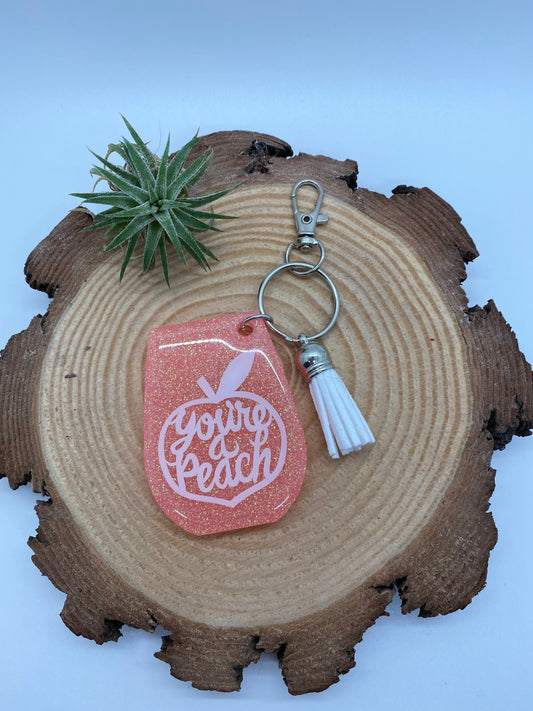 You’re a Peach Glitter Wine Keychain, Peach Keychain, Peach Wine Glitter Resin Keychain with Tassel, Wine Glass Keychain with Tassel