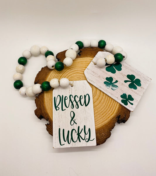 St. Patrick’s Day Bead Garland, Tiered Tray Decor, St. Patrick’s Day Tiered Tray Garland, Green and White Tiered Tray Garland