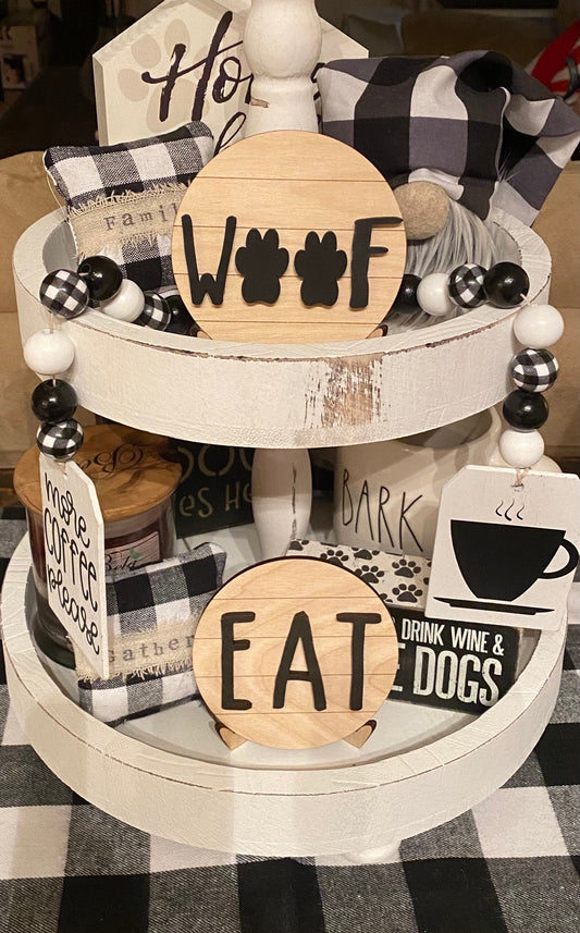 Round Farmhouse Tiered Tray Sign, Shiplap Inspired Dog Sign, Tiered Tray Decor, 4” Round Tiered Tray Sign, Woof Tiered Tray Sign