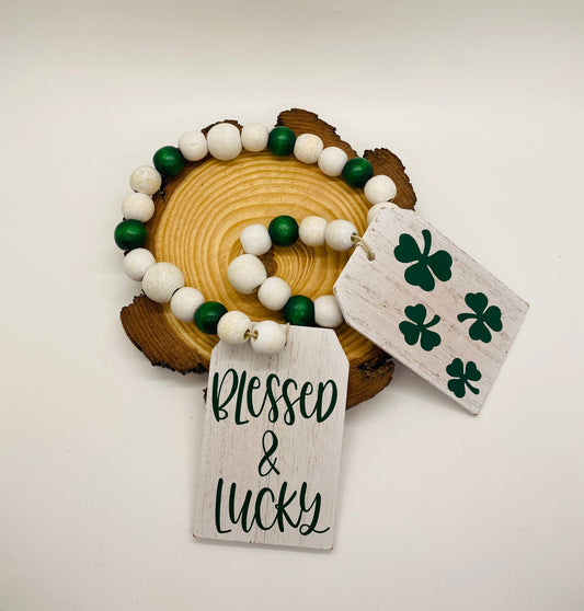 St. Patrick’s Day Bead Garland, Tiered Tray Decor, St. Patrick’s Day Tiered Tray Garland, Green and White Tiered Tray Garland