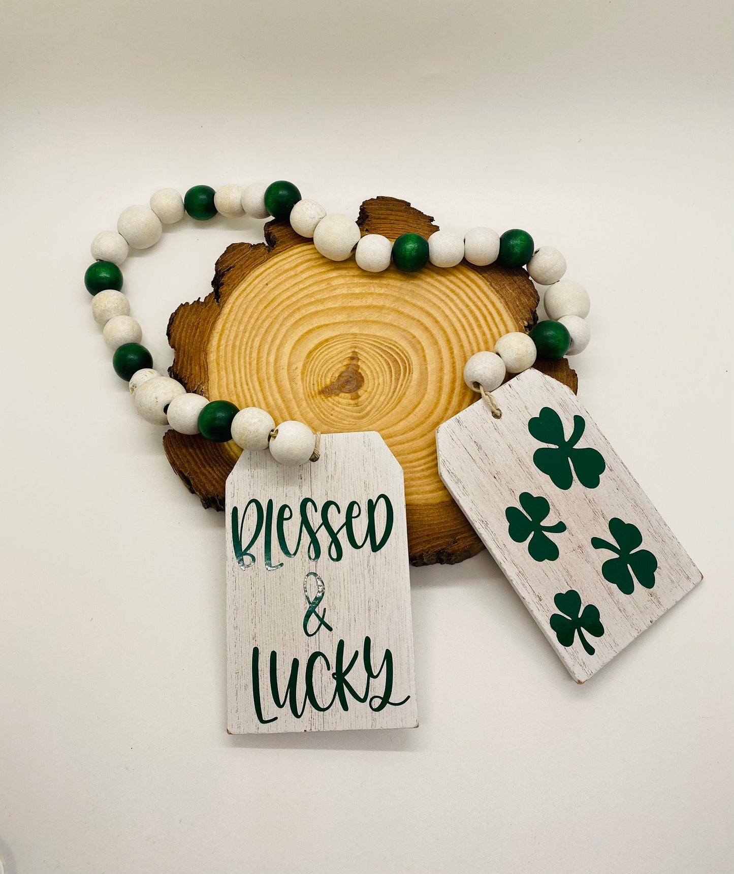 St. Patrick’s Day Bead Garland, Tiered Tray Decor, St. Patrick’s Day Tiered Tray Garland, Green and White Tiered Tray Garland