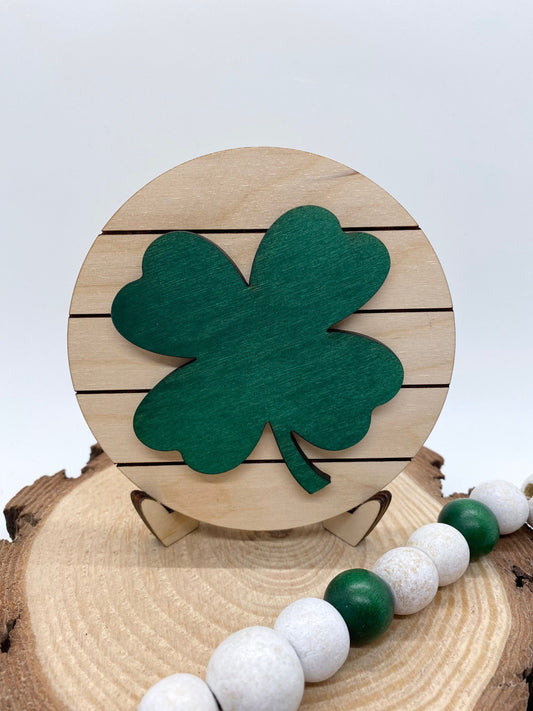 Shamrock Clover Farmhouse Tiered Tray Sign, Shiplap Inspired St. Patrick's Day Sign, Holiday Tiered Tray Decor, 4” Round Tiered Tray Sign
