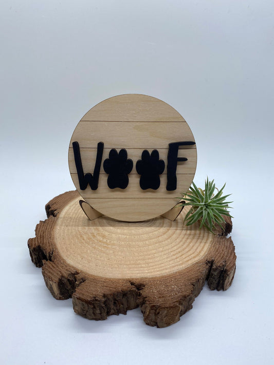 Round Farmhouse Tiered Tray Sign, Shiplap Inspired Dog Sign, Tiered Tray Decor, 4” Round Tiered Tray Sign, Woof Tiered Tray Sign