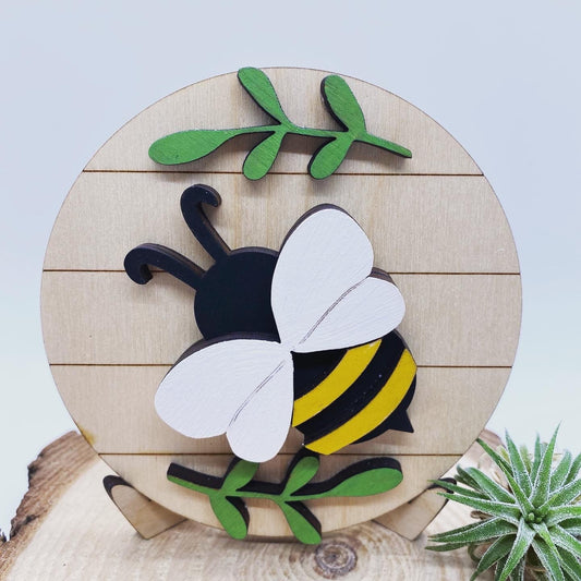 Bee Tiered Tray Sign, Mini Shiplap Bee Tray Sign, Spring Tiered Tray Decor, 4” Round Tiered Tray Sign with Bee