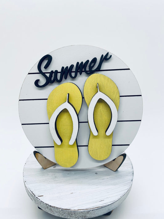 Summer Flip Flop Tiered Tray Sign, Mini Shiplap Summer Tray Sign, Summer Flip Flop Tiered Tray Decor, 4” Round Tiered Summer Tray Sign