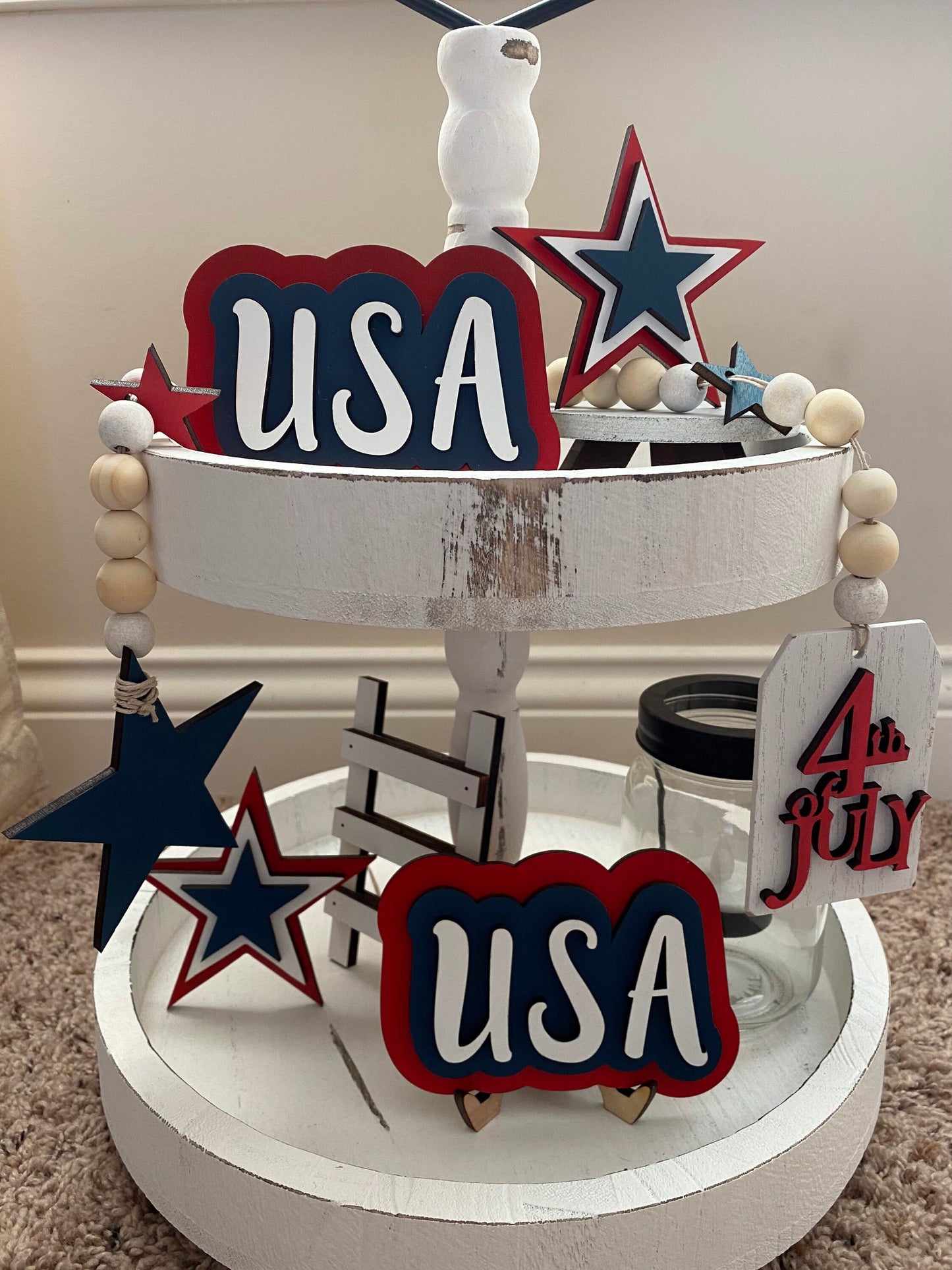 USA Holiday Tiered Tray Signs, July 4th Tray Sign, Red White Blue Tiered Tray Decor, America Tiered Tray Decor