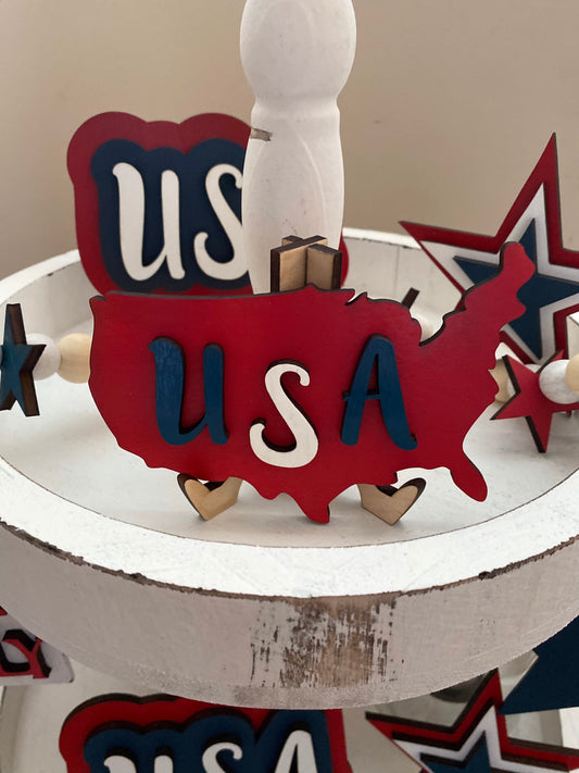 USA Holiday Tiered Tray Signs, July 4th Tray Sign, Red White Blue Tiered Tray Decor, America Tiered Tray Decor