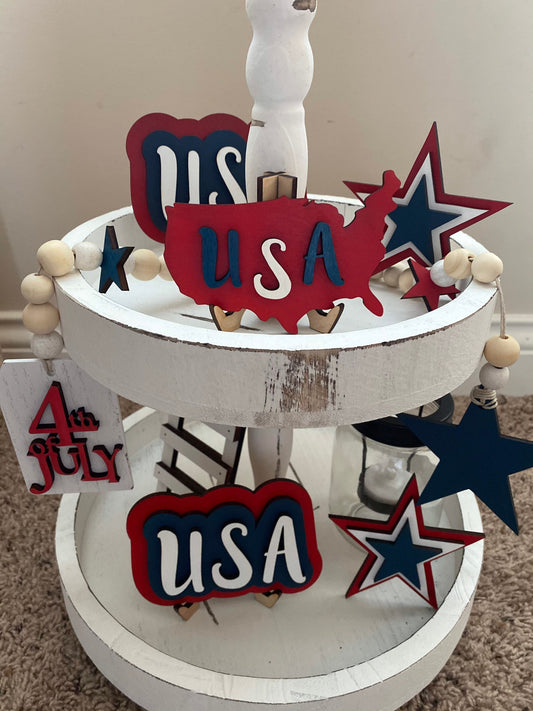 USA Holiday Tiered Tray Signs, July 4th Tray Sign, Red White Blue Tiered Tray Decor, America Tiered Tray Decor