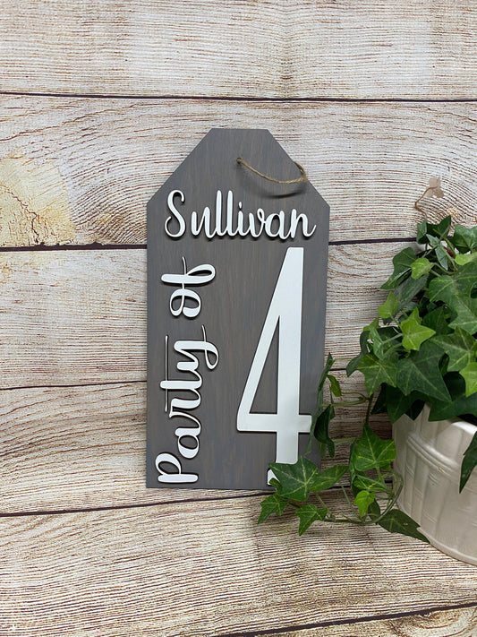 Laser Cut 6”x12" Family Party of, Personalized Wood Tag Sign, Home Collage Wall Decor, Gray Wall Tag, Party Of 4, Party Of 5, Party Of 3