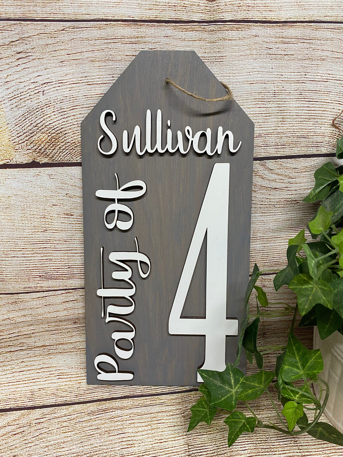 Laser Cut 6”x12" Family Party of, Personalized Wood Tag Sign, Home Collage Wall Decor, Gray Wall Tag, Party Of 4, Party Of 5, Party Of 3