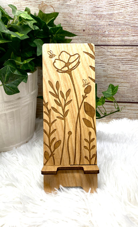 Wildflower and Bees Wood Phone Stand