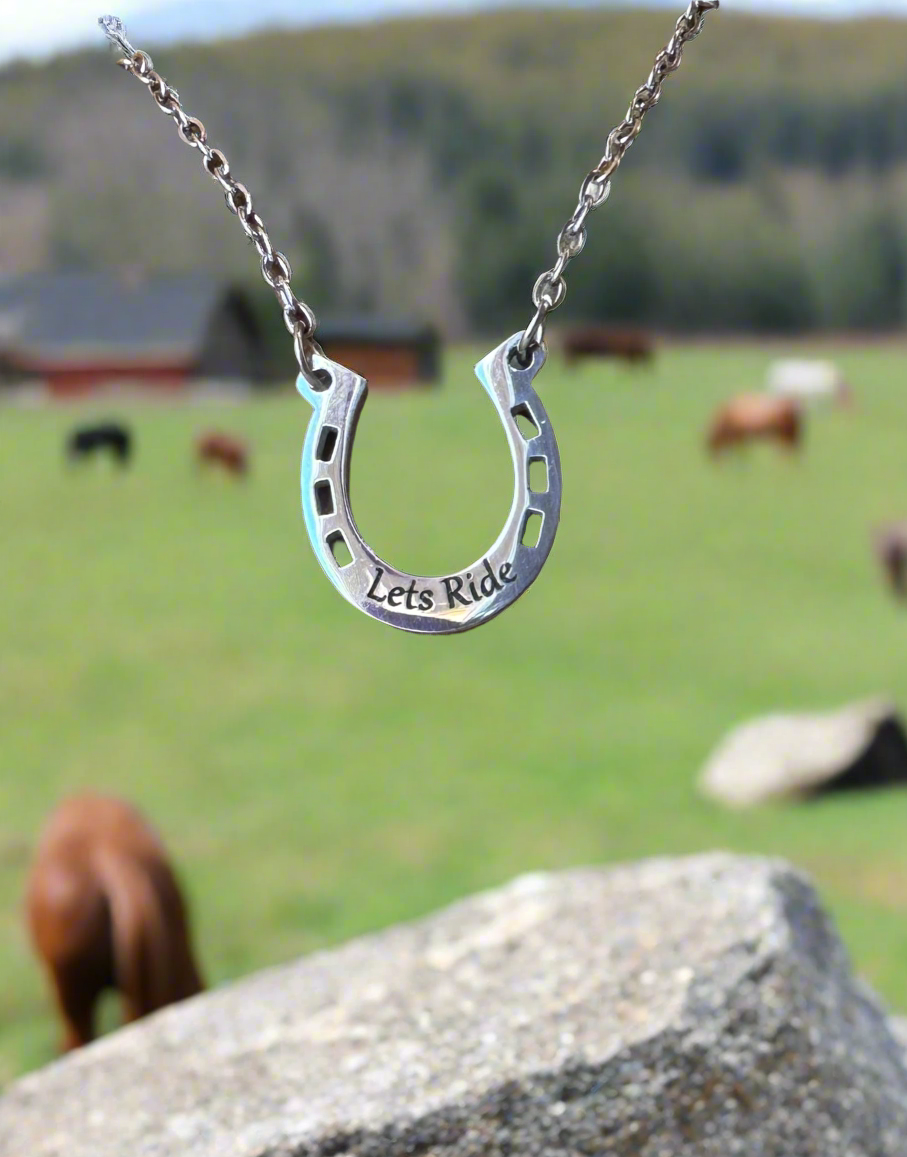 Engraved Horseshoe Necklace – Stainless Steel Pendant, Silver or Gold, Everyday Jewelry