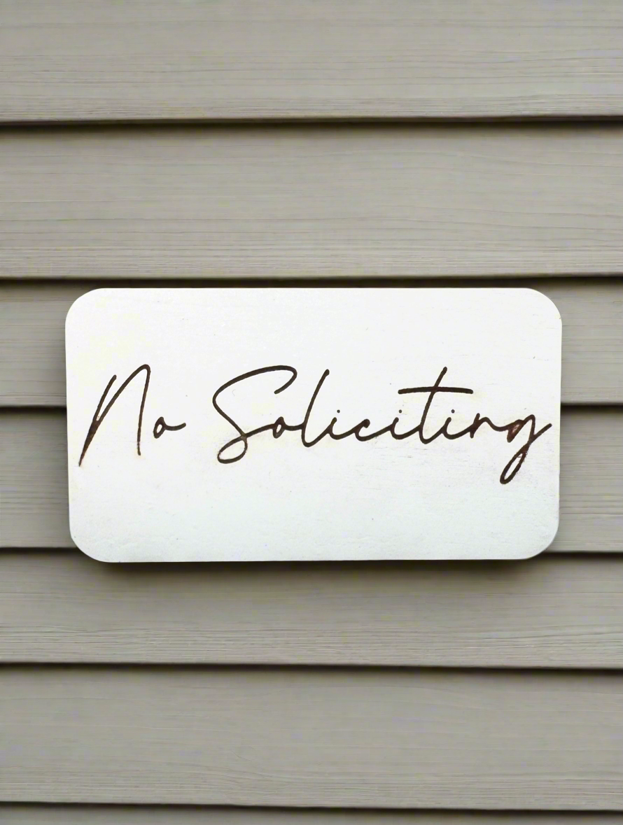 Small White Wooden "No Soliciting" Sign – 4.5" x 2.75" Outdoor Engraved Plaque