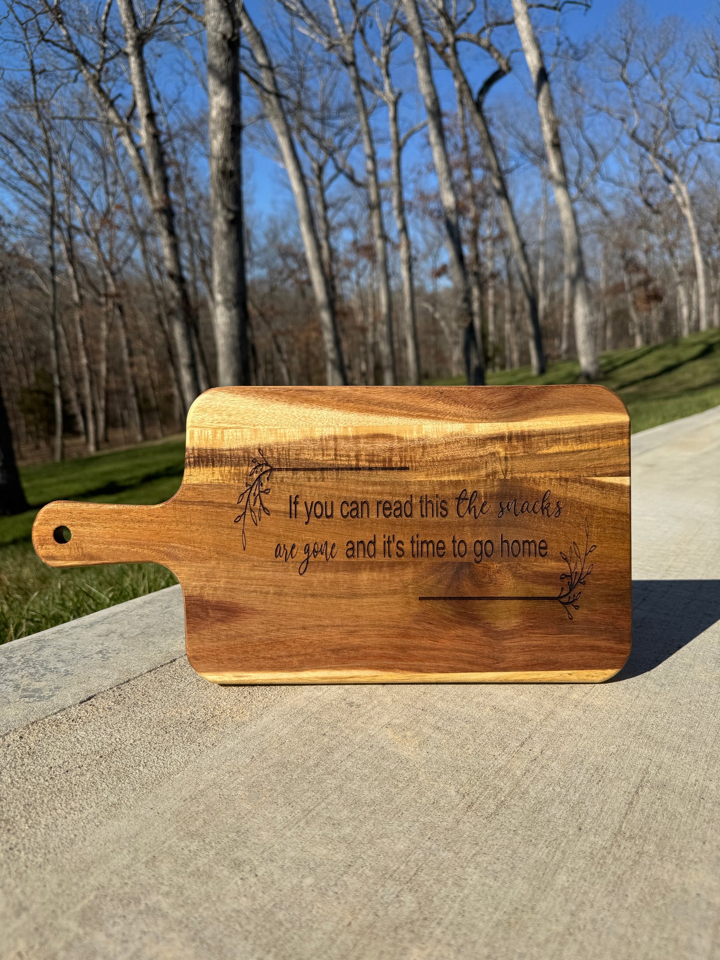 Funny Engraved Acacia Cutting Board – “If You Can Read This the Snacks Are Gone” – Rustic Charcuterie & Serving Board with Handle