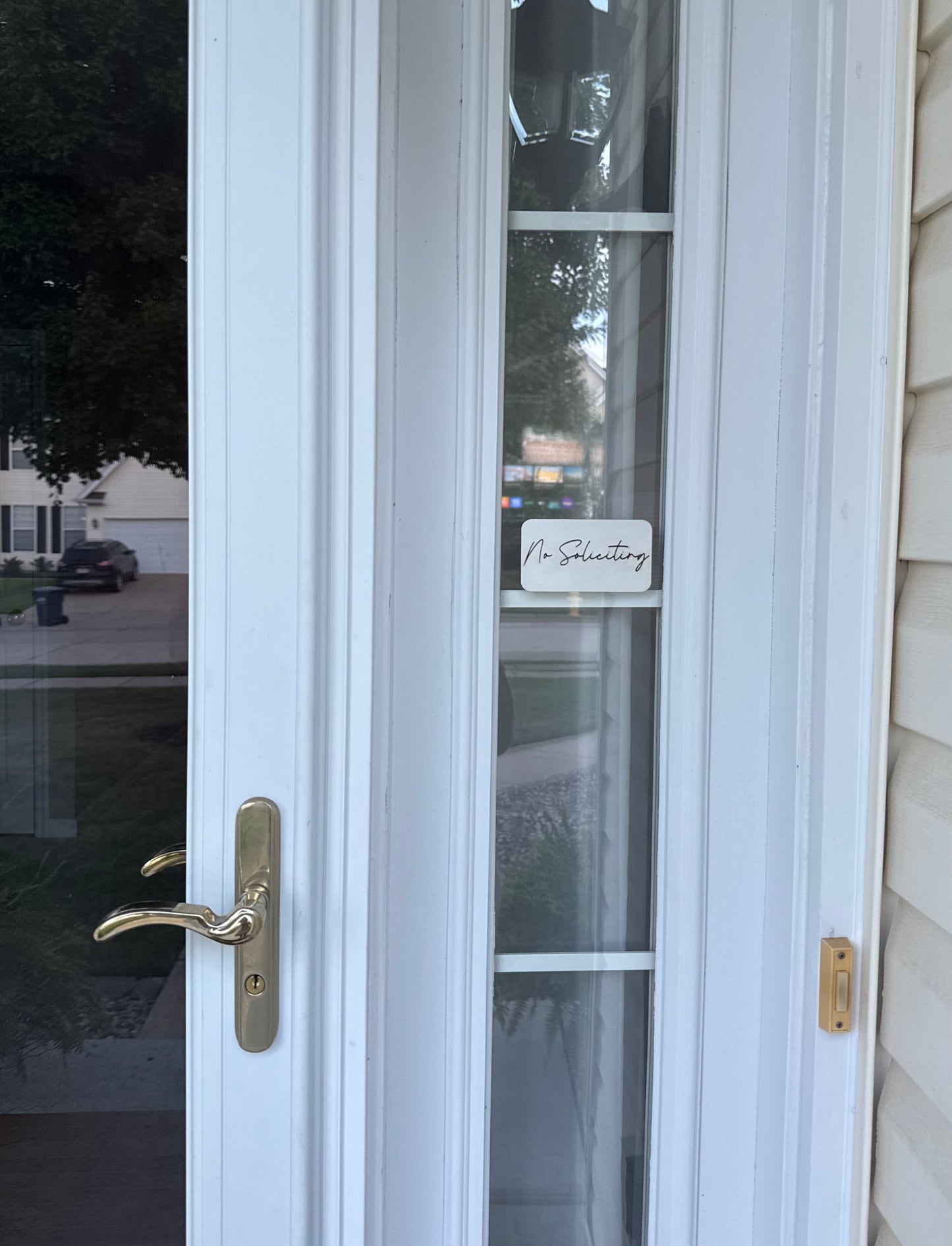 Small White Wooden "No Soliciting" Sign – 4.5" x 2.75" Outdoor Engraved Plaque