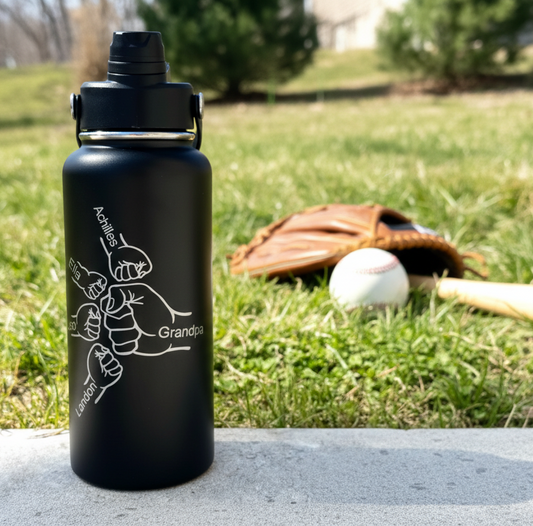Personalized Dad / Grandpa Water Bottle with Kids Names – Custom Engraved Fist Bump Bottle – 32oz Insulated Stainless Steel Gift for Father’s Day