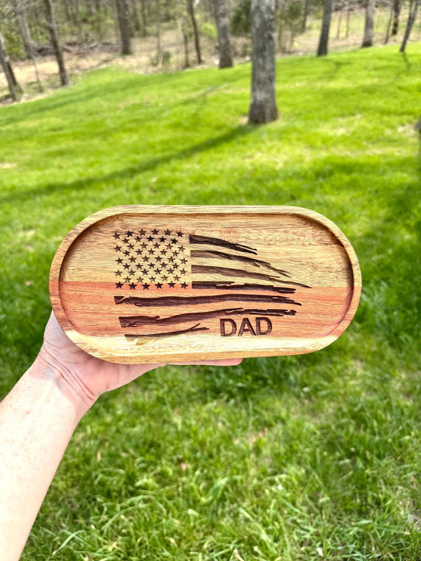 Dad with Flag - Engraved Acacia Wood Oval Tray