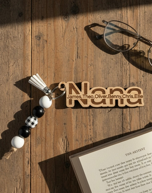 Nana Personalized Keychain with Kids Names, Wood Engraved Nana Keychain, Mother's Day Gift from Grandkids, Grandma Gift