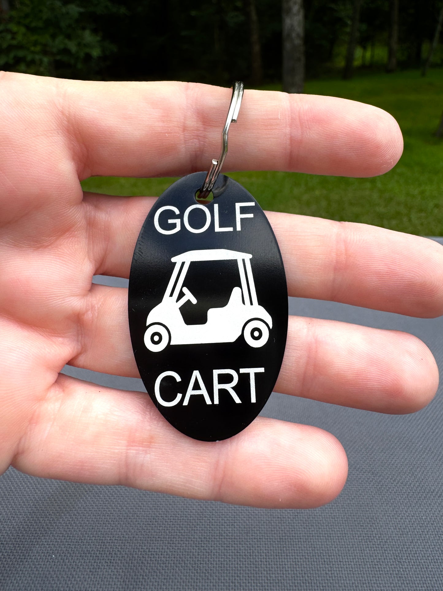 Laser Engraved Golf Cart Keychain – Durable Black Aluminum Tag