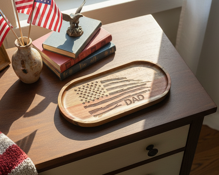 Dad with Flag - Engraved Acacia Wood Oval Tray