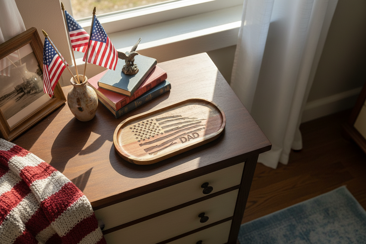 Dad with Flag - Engraved Acacia Wood Oval Tray