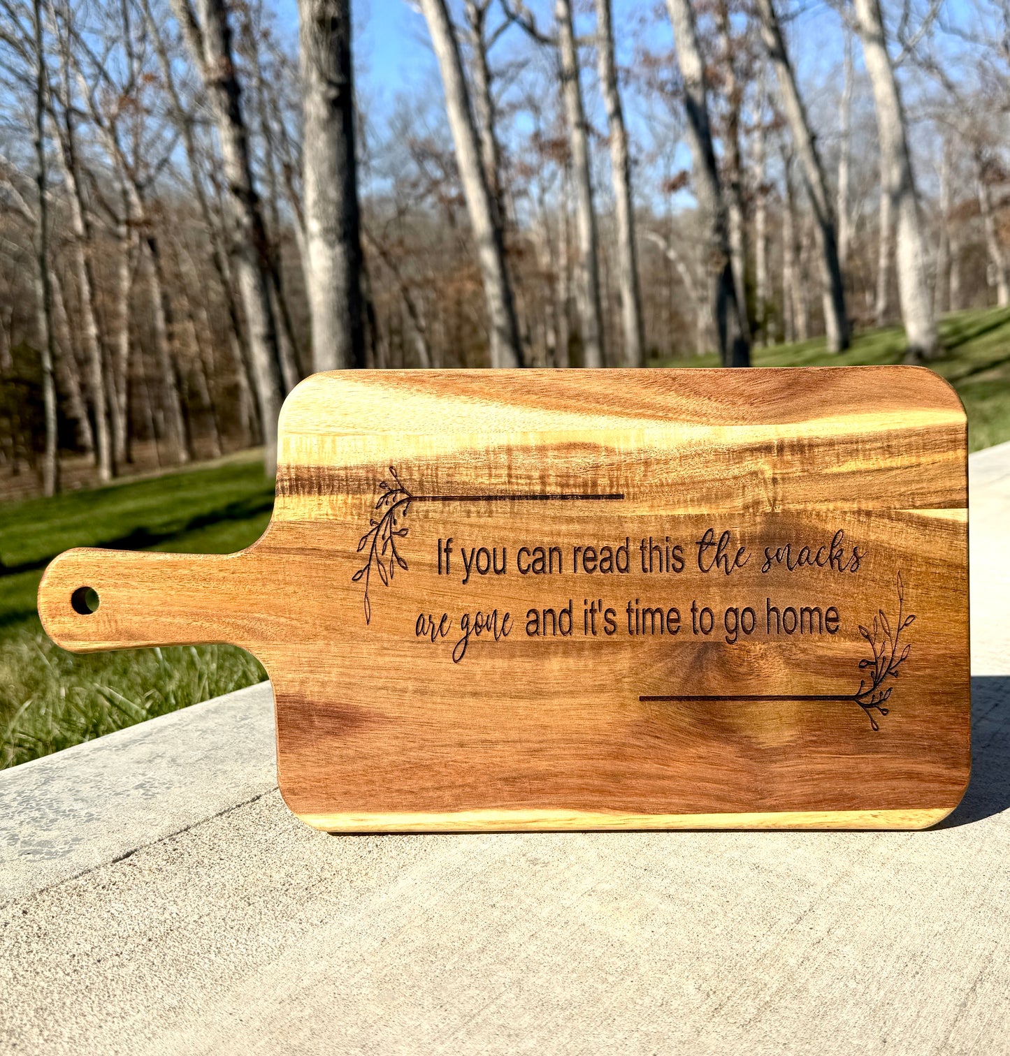 Funny Engraved Acacia Cutting Board – “If You Can Read This the Snacks Are Gone” – Rustic Charcuterie & Serving Board with Handle