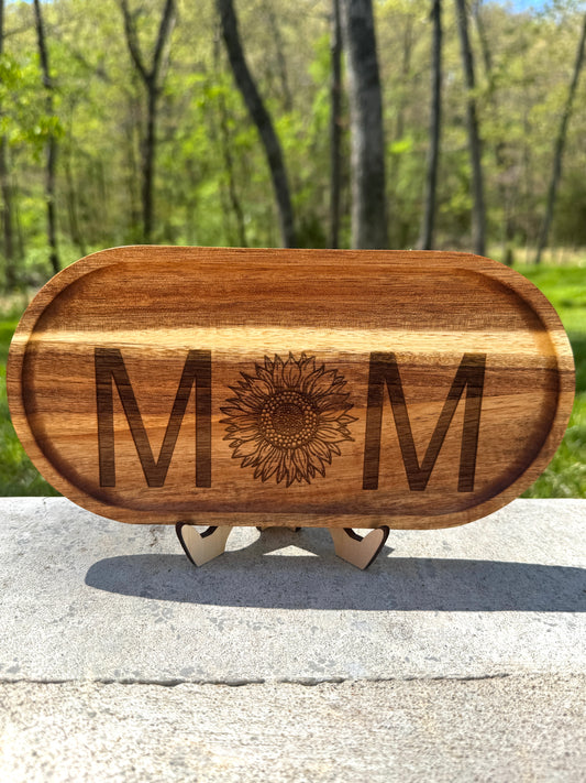 Mom with Sunflower - Engraved Acacia Wood Oval Tray