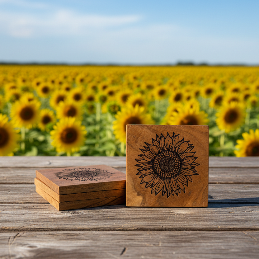 Sunflower Wood Engraved Coasters