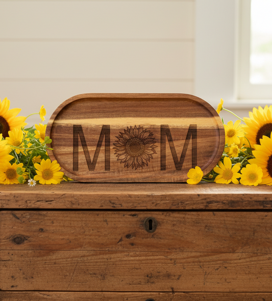 Mom with Sunflower - Engraved Acacia Wood Oval Tray